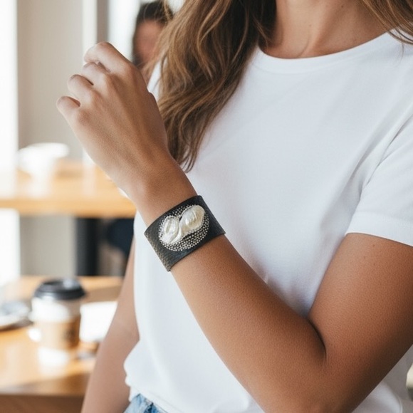 Leather cuff with mother of pearl and druzy stones. - Picture 2 of 4